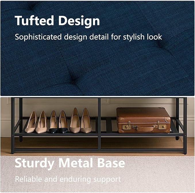 Rectangular Upholstered Tufted Linen Ottoman Storage Bench, Large Footrest Ottoman with Iron Base, Navy Blue End of Bed Bench for Entryway, Living Room, Bedroom