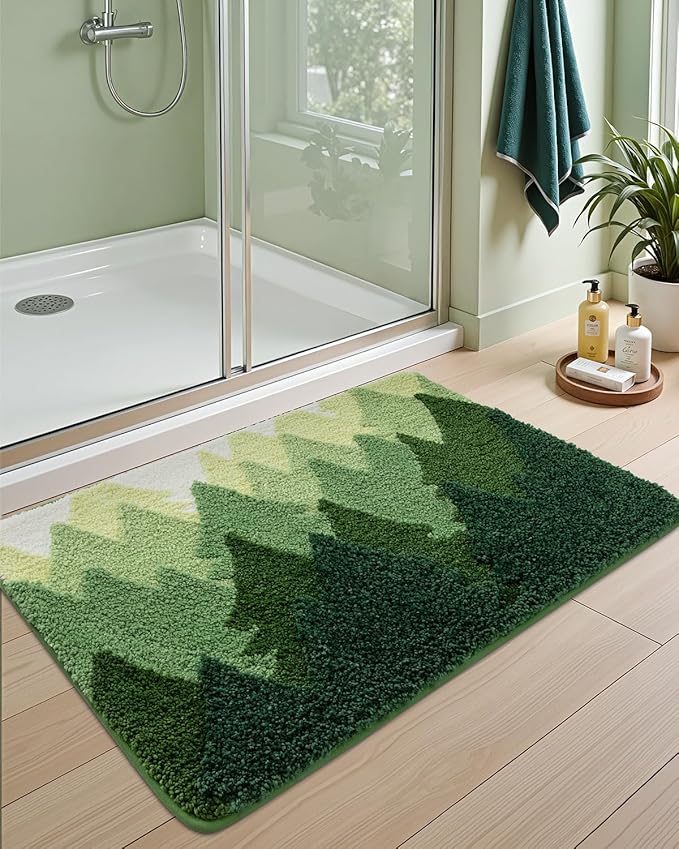 DEXI Bathroom Rugs Non Slip, 16x24 Washable Microfiber Bath Mat Quick Dry, Absorbent Ultra Soft Forest Trees Bathmat for Shower Floor Tub Sink, Green