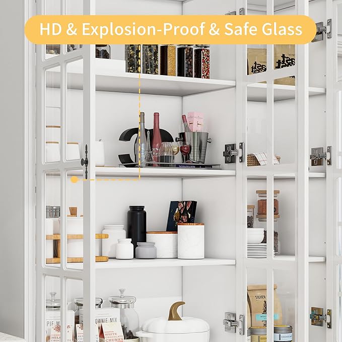 78.8" Tall Bookcase Display Storage Cabinet Hutch with Glass Doors & Drawers - Curio Display Bookshelf Kitchen Pantry for Home, Kitchen, Living Room.