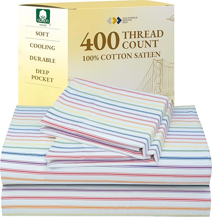 California Design Den Striped Queen Sheet Set - 400 Thread Count Sateen, Natural 100% Cotton Sheet Set Queen Size, Deep Pocket and Durable Bedding - Rainbow Striped