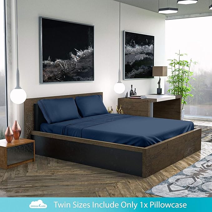 DREAMCARE Twin XL Sheet Sets – 3pcs Cooling Sheets – up to 15” Deep Pocket Twin XL Sheets Set – Hotel Luxury Sheets & Pillowcases – Superior Softness 100% Fine Microfiber with Side Pocket – Navy Blue DREAMCARE