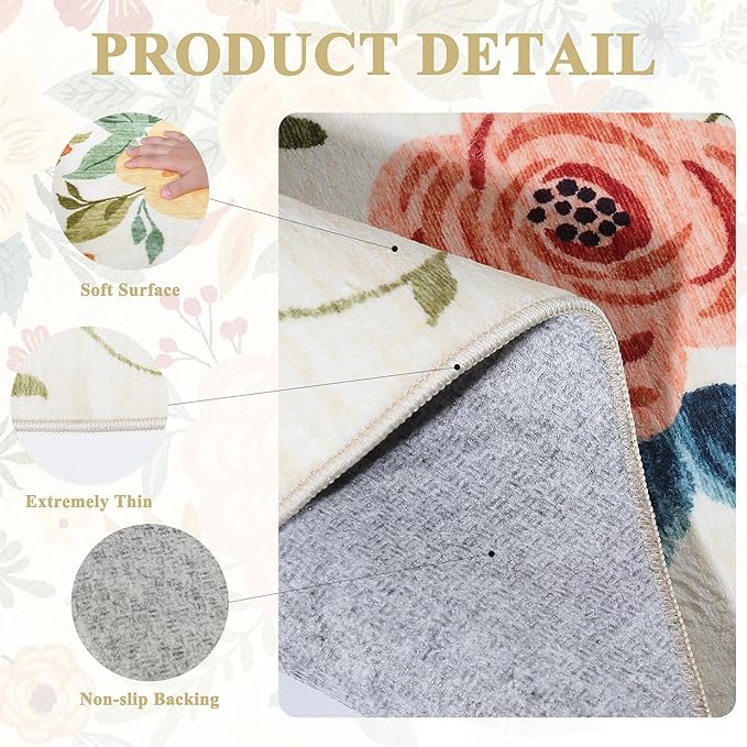 DUKINO 9x12 Area Rug, Floral Rugs for Living Room, Lightweight Non Slip Washable Rug, Indoor Low Pile & Non-Shedding Boho Design Rugs for Bedroom, Living Room, Dining Room, Beige Yellow