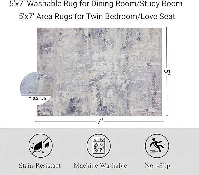 RCTJHOME 5'x7' Washable Area Rugs for loveseat Living Room/Twin Bedroom/Study Room, Modern Abstract Soft Carpet, Low Pile Floor Rug with Non Slip Backing for Dining Room, Light Grey White Watercolor