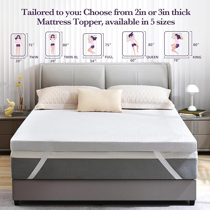 SINWEEK 2 Inch Gel Memory Foam Mattress Topper with Cooling Cover Ventilated Soft Mattress Pad, Bed Topper, CertiPUR-US Certified, Queen Size