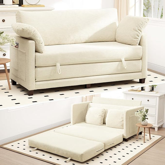 65" Convertible Loveseat Sofa Bed, 2-in-1 Folding Sofa Bed with 2 Pillow for Small Spaces, Modern Sleeper Couch for Apartment, Living Room & Guest Room (Corduroy Beige, 65 inch)