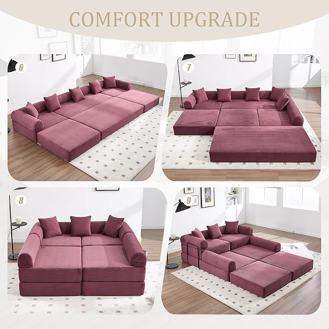 106" Oversized Convertible Sleeper Sofa Bed, Corduroy L Shape Sectional Couch, Folding Sofa Bed with Side Pocket, Modern Cloud Floor Mattress Couch, Modular Sofa for Living Room, Wine Red