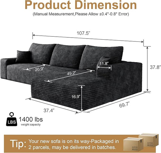 108" Sectional Couches for Living Room Modern Modular Sofa with L-Shape Couchs Upholstered Boneless Couch Deep Seat Sectional Couch with Chaise (Black, Right Facing Chaise+2Seaters)