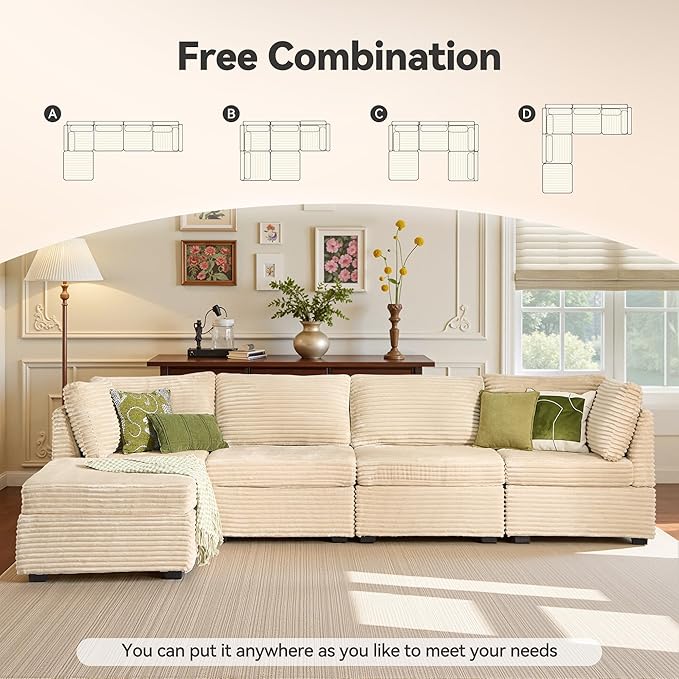 Modular Sectional Sofa, 130.7" L Shaped Couch Set for Living Room, 4-Seater Comfy Cloud Couches with Movable Ottoman, DIY Combination, Plush Corduroy, Beige