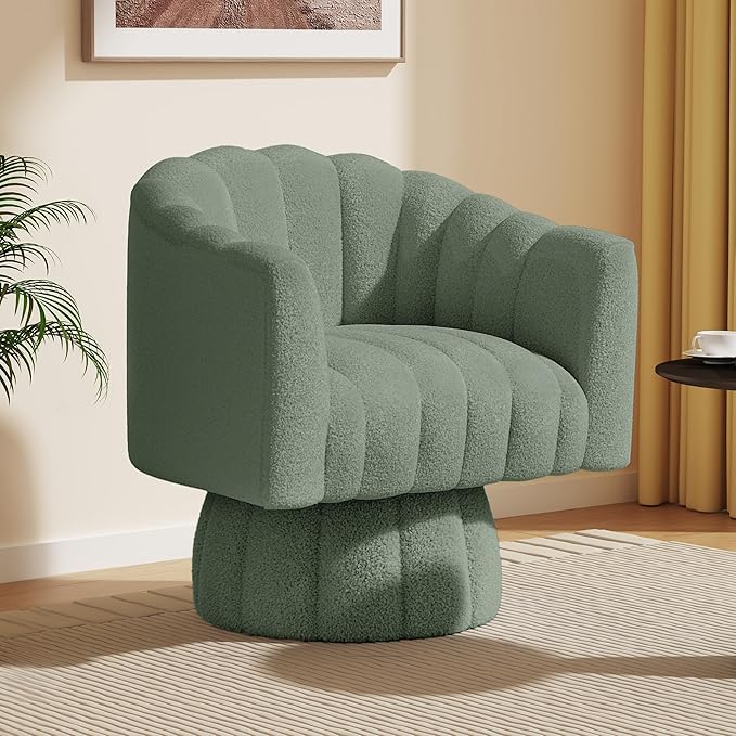 360 Degree Sherpa Swivel Cuddle Barrel Accent Sofa Chairs, Round Teddy Armchairs with Wide Upholstered, Furry Boucle Reading Chair for Living Room, Bedroom, Office, Waiting Rooms (Green)