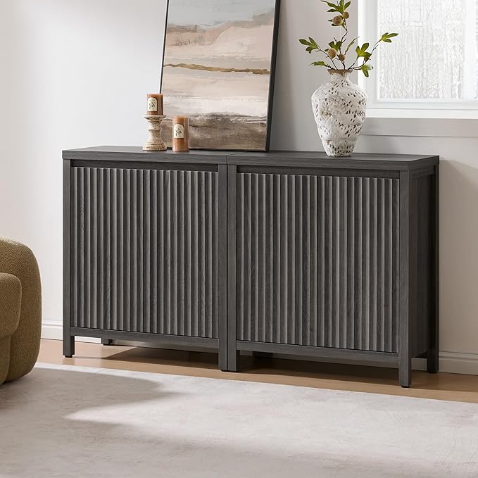 SICOTAS Sideboard Buffet Cabinet with Storage, Fluted Credenza Console Cabinet with Adjustable Shelves, Modern Coffee Bar Storage Cabinet for Kitchen, Living Room, Entryway, Black Oak, 2 PCS