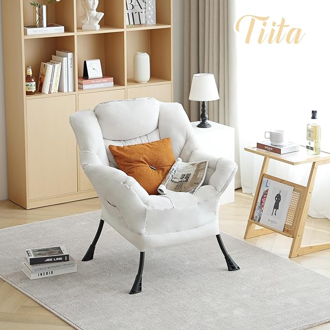 Tiita Lazy Chair, Modern Large Accent Lounge Armchair, Comfy Leisure Sofa Reading Chair for Bedroom, Living Room, Dorm Rooms, Garden and Courtyard, Beige