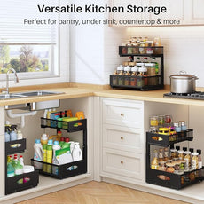 Under Sink Organizer, 2 Tier Pull Out Under Cabinet Organizer Shelf with Pad for Framed Cabinets, Metal Slide Out Under Sink Storage, Mesh Sliding Drawers for Kitchen Bathroom Laundry(Black, 1 Pack)