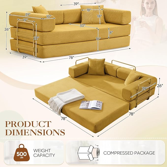 Antetek Convertible Futon Sofa Bed, 3-Seater Modern Corduroy Foam Floor King Size Bed Foldable Sleeper Lounge Loveseat Sofa Couch with 2 Throw Pillows for Living Room Bedroom Guest Room, Yellow
