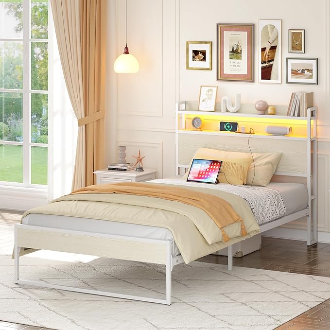 Elephance Twin Bed Frames with Charging Station and LED Lights, Metal Bed Frame with 2-Tier Storage Headboard, No Box Spring Needed, Noise Free, Easy Assembly,Beige
