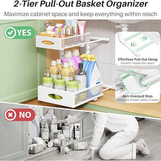 Under Sink Organizer, 2-Pack Pull Out Cabinet Organizer 2 Tier Metal Slide Out Storage Shelf Rack, L-Shaped Adjustable Height,Mesh Sliding Drawer for Kitchen, Bathroom, Laundry, Pantry, White, XL