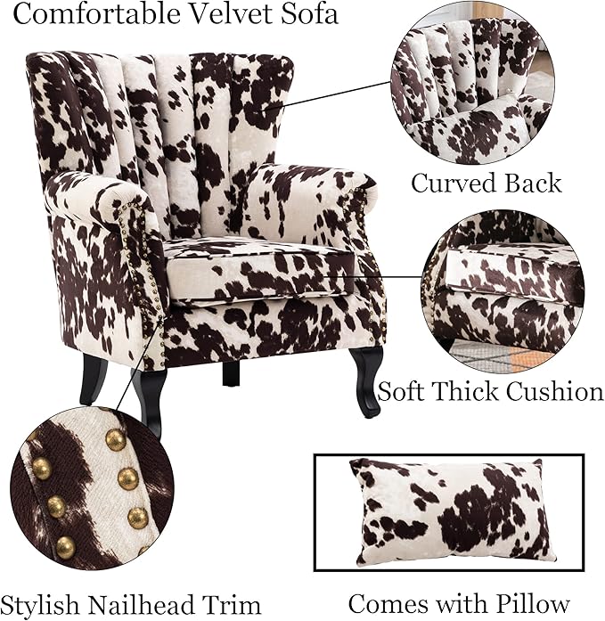 Cow Print Accent Chair Modern Velvet Armchair Tufted Wingback Club Chair Single Sofa Lounge Side Chair with Pillow for Living Room Bedroom, Cow