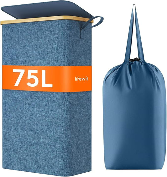 Lifewit 75L Slim Laundry Hamper with Lid, Narrow Laundry Basket with Removable Bag & Bamboo Handles, Fodable Thin Dirty Clothes Hamper for Laundry Collapsible Bin for Bathroom Bedroom Dorm, Dark Blue