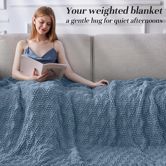 Knitted Weighted Blanket for Adult, Chunky Knit Weighted Throw for Sleep 50"*60" 7lbs, Cooling Breathable Heavy Blanket for Hot Sleepers, Machine Washable Blanket for Room Decor(HazeBlue)