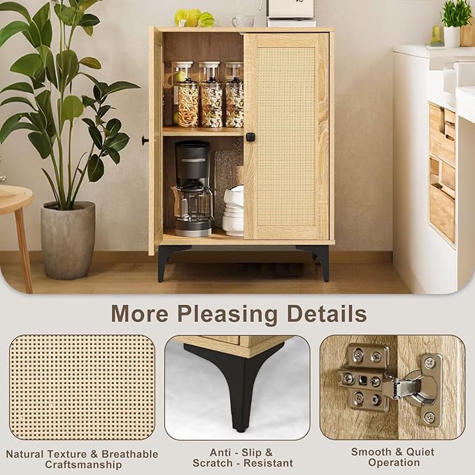 Rattan 4-Door Buffet Sideboard Storage Cabinet - Boho Kitchen Dining Console with Adjustable Shelves, Natural Rattan 48.4" W x 15" D x 33.4" H