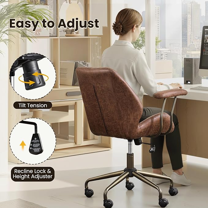 Home Office Desk Chair, Mid-Century Modern Office Chair with Adjustable Lumbar Support, Adjustable Height Executive Chair with 360 Rolling Swivel for Meeting Study Room(Mid Back, Dark Brown)