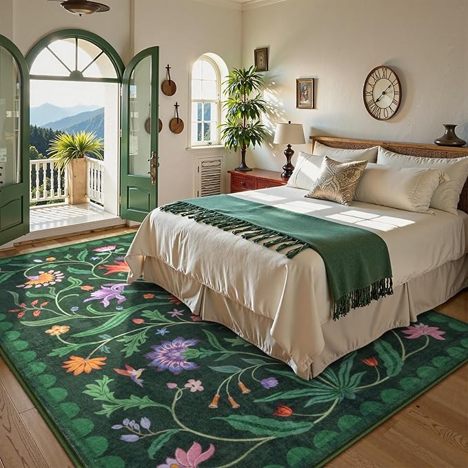 Lahome Boho Floral Washable Green 8x10 Area Rugs for Living Room, Vintage Non Slip Rugs for Bedroom, Ultra-Thin Indoor Throw Dining Room Carpet for Under Table Home Office(Forest Green,8x10)