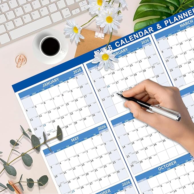 22.7" x 34.72" 2026 Wall Calendar, Folded Wet & Dry Erase Wall Calendar 12 Month, Yearly Laminated Wall Calendars, Reversible Annual Planner, Horizontal/Vertical, with Julian Dates