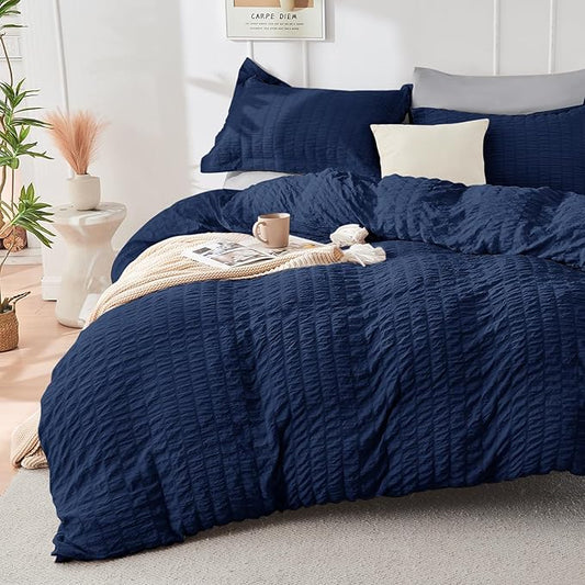 HYMOKEGE Navy Blue/Light Grey Queen Comforter Set Seersucker 7 Pieces, All Season Luxury Bed in a Bag Queen for Bedroom, Bedding Set with Comforter, Sheets, Pillowcases & Shams