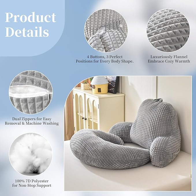 Reading Pillow for Bed,U Shaped & Back Support Pillow for Bed,19" Backrest with Lumbar & Arm Support,Comfy Flannel Fabric,Lap Pillow for Gaming/Reading/Watching TV,Gray