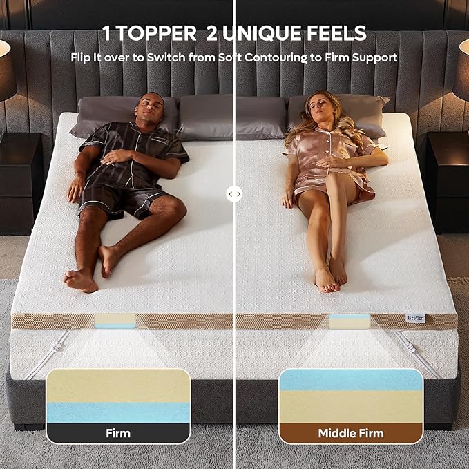 Bestier Memory Foam Mattress Topper - Gel Mattress Topper with Chamomile Collection - Plush Feel - Mattress Pad with Naturally Cooling and Pressure Relieving - Queen Size, 3 Inch