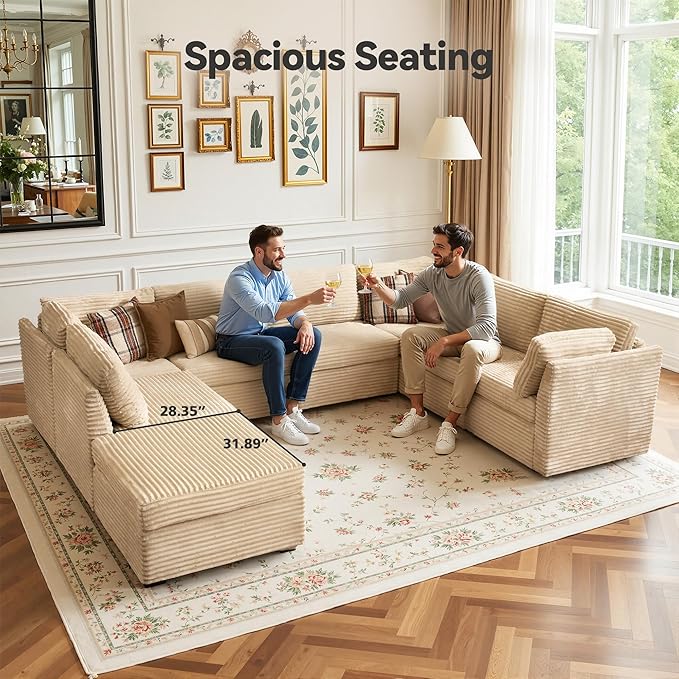 Large 8 Seat Modular Sectional Sofa with Ottoman Seat Corduroy Sleeper Sectional Sofa Bed Oversized Convertible Modular Couch for Living Room