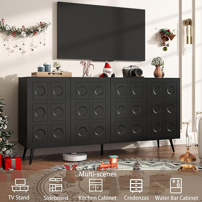 Sideboard Buffet Cabinet with Storage: 63" Large Accent Fluted Black Buffet Cabinet with 4 Doors, Mid Century Modern Credenzas for Living Room (Black)