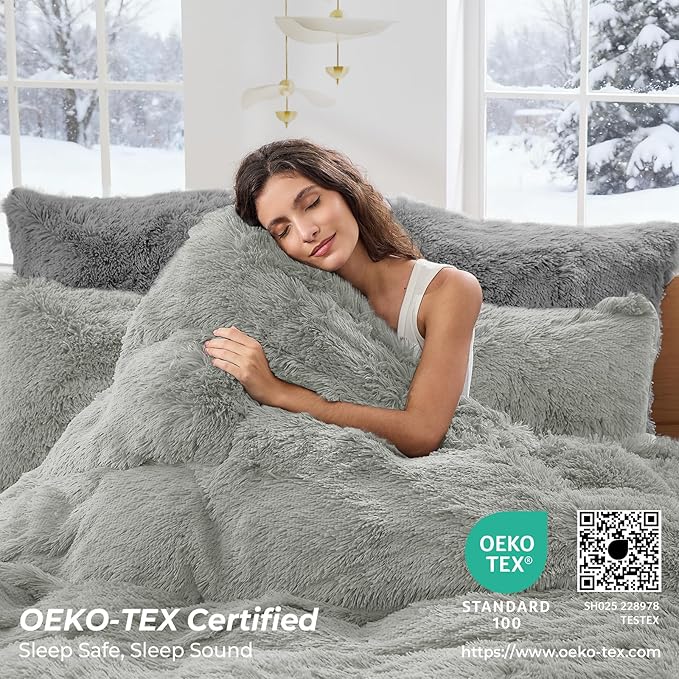 Sasttie 3-Piece Fluffy Duvet Cover King, Ultra Soft Faux Fur and Velvet Light Grey Comforter Cover, Luxury Fuzzy Bedding Sets for Winter Bed, Includes 1 Duvet Cover and 2 Pillowcases, No Comforter