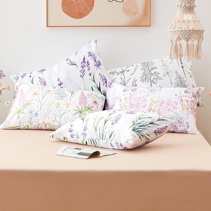 EXQ Home Satin Pillowcase for Hair and Skin - Lavender Printed Silk Pillowcase 2 Pack 20x26 inches - Standard Size Satin Pillow Cases Set of 2 with Envelope Closure