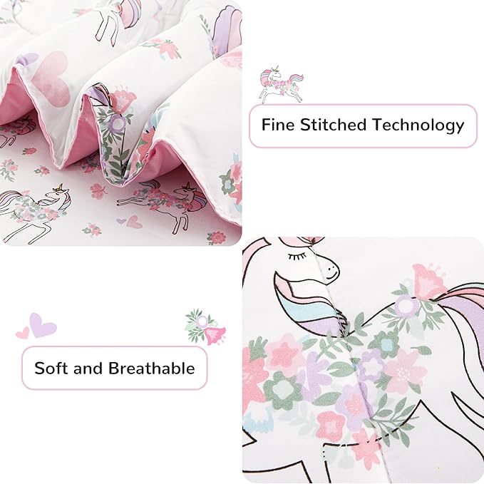 Viviland Kids Full Bedding Sets for Girls, Soft Full Comforter Set with Sheets, 7 Pieces Microfiber Bed in a Bag, White Unicorn