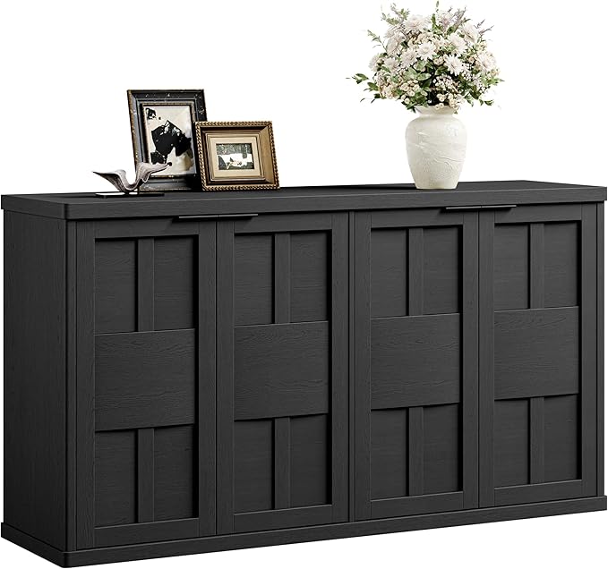 Sideboard Buffet Cabinet with Storage, 60" Modern Farmhouse Accent Cabinet with Geometric Fluted Doors & Magnetic Catch, Wood Coffee/TV Console Table Credenza for Kitchen, Living Room (Black)