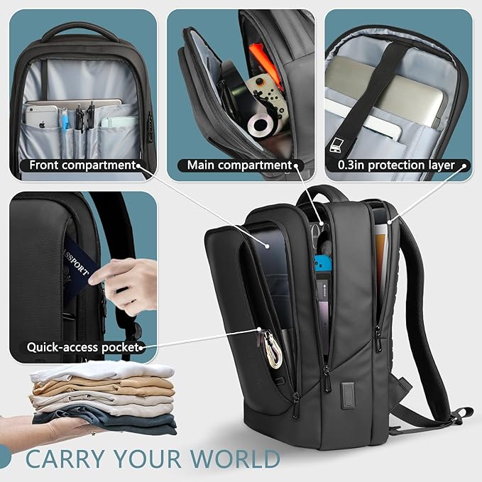 hk Laptop Backpack for Men with USB Charging Port Water-Resistant for 15.6 Inch Computer Bag Durable High-Tech Daypack Casual Backpack for Business Work College Weekender Travel-Black