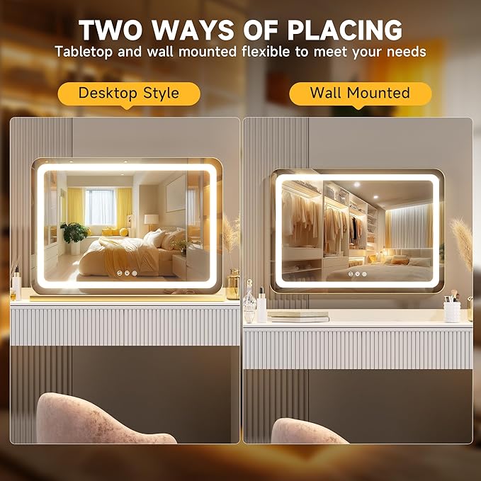 Hasipu Vanity Mirror with Lights, 22.8" x 18" LED Makeup Mirror, Lighted Makeup Mirror with Dimmable 3 Modes, Touch Screen Control Vanity Mirror Round Gold