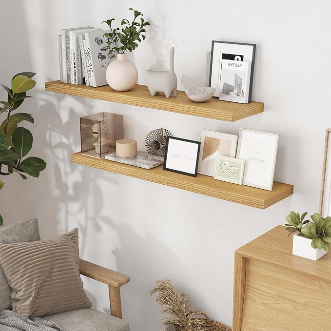Fun Memories Floating Shelves for Wall, 48 x 9.3 Large Floating Shelf Wall Mounted Set of 2, Rustic Wood Shelves for Bathroom, Kitchen, Living, Heavy-Duty Storage Deep Shelf for Books, Decor, Oak