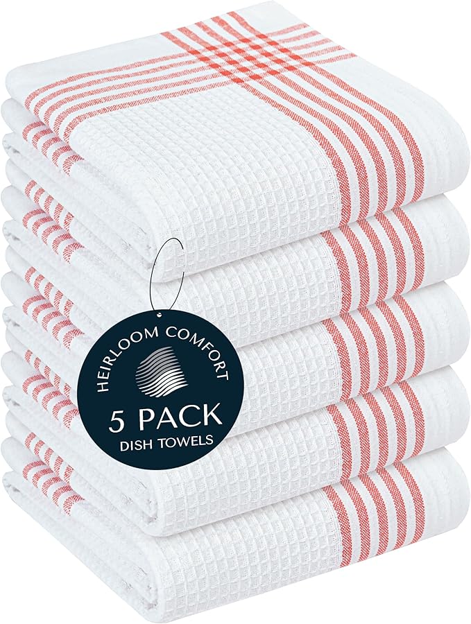 Red and White Waffle Weave Kitchen Towels 5 Pack, 16x26 Inch, Cotton Dish Towels with Hanging Loop, Quick Dry, Absorbent, Machine Washable, Durable for Kitchen & Cleaning