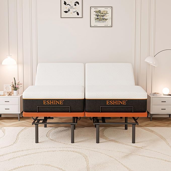 ESHINE Split King Adjustable Bed Frame with Mattress - 12 Inch Gel Memory Foam Mattress(Medium-Soft), Bluetooth APP Control, Wireless Remote, Zero Gravity, Anti Snore, Head and Foot Incline