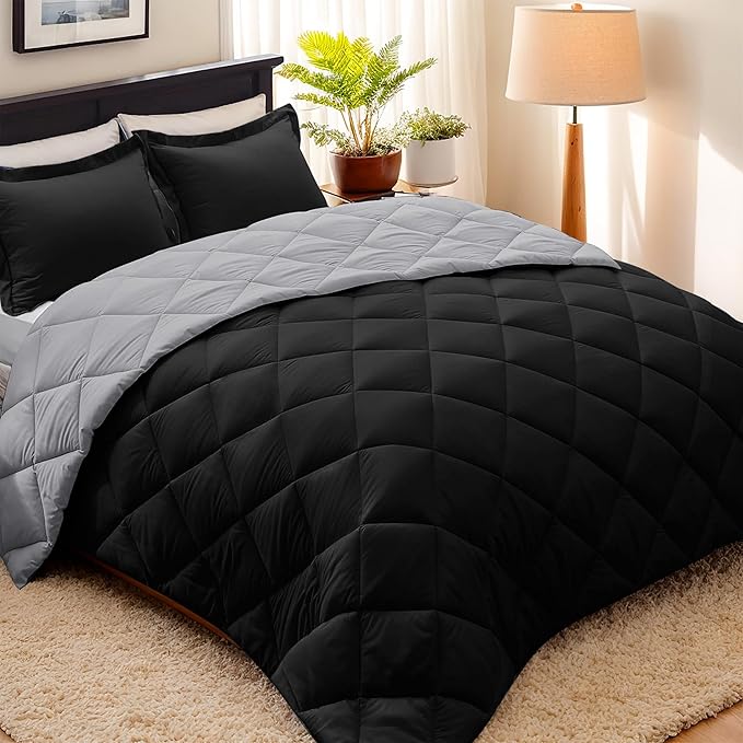 HIG 3pc Black Queen Size Comforter Set-All Season Reversible Down Alternative Comforter with Two Shams -Quilted Duvet Insert with Corner Tabs - Diamond Stitched Blanket - Breathable, Soft, Fluffy