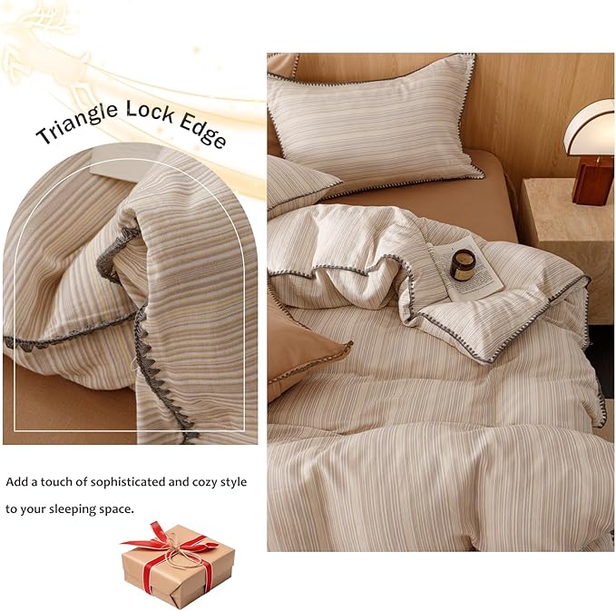 VM VOUGEMARKET 100% Linen Cotton Duvet Cover Set Queen 3pcs Yarn Dyed Vertical Pinstripe Ticking Pattern Breathable Farmhouse Bedding Set - Purple Yellow Stripe, Queen Size
