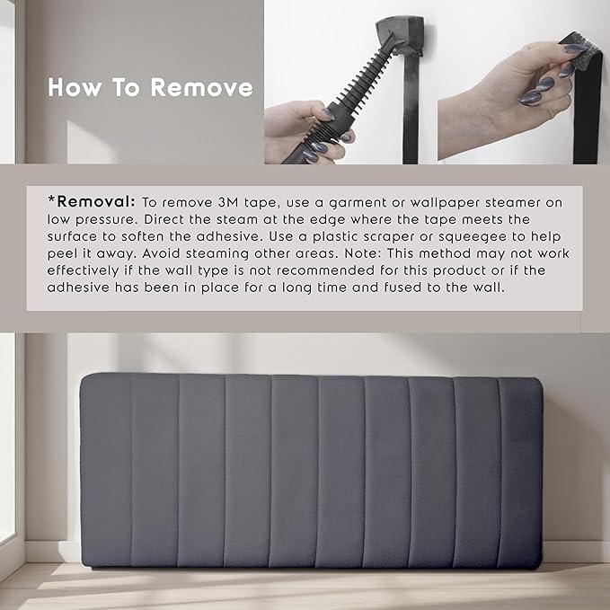 Nestl Upholstered Full Headboard - Easy Assemble Channel Stitched Headboard Full Size - Wall Mounted Headboards with 3D Soundproof Wall Panels Peel & Stick Floating Headboards, Grey