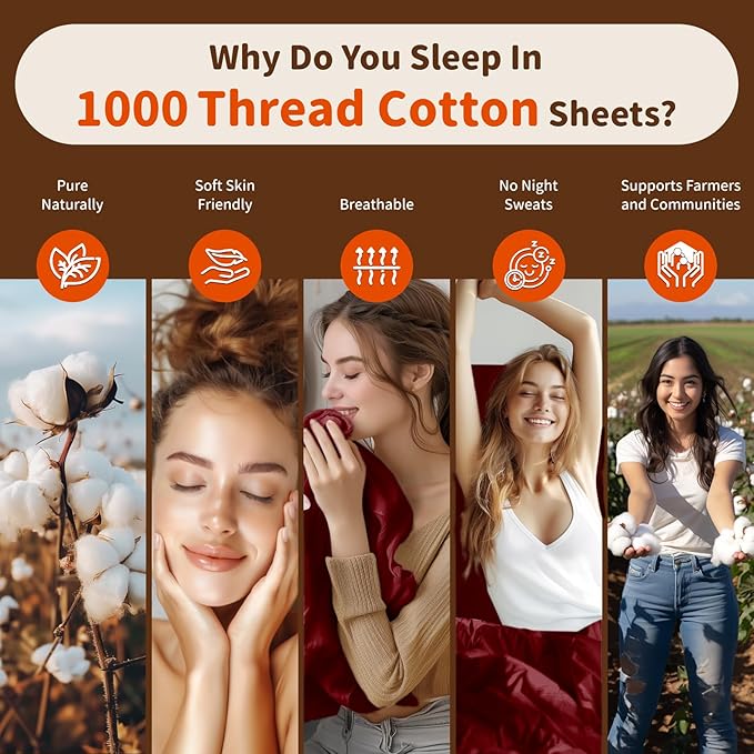 LBRO2M 1000 Thread Count 100% Egyptian Cotton Sheets Set Twin XL, 3 Piece Sets Bed Sheet Deep Pocket Sheet Set 16" Soft Comfortable All Season (Twin XL, Burgundy) LBRO2MBedding