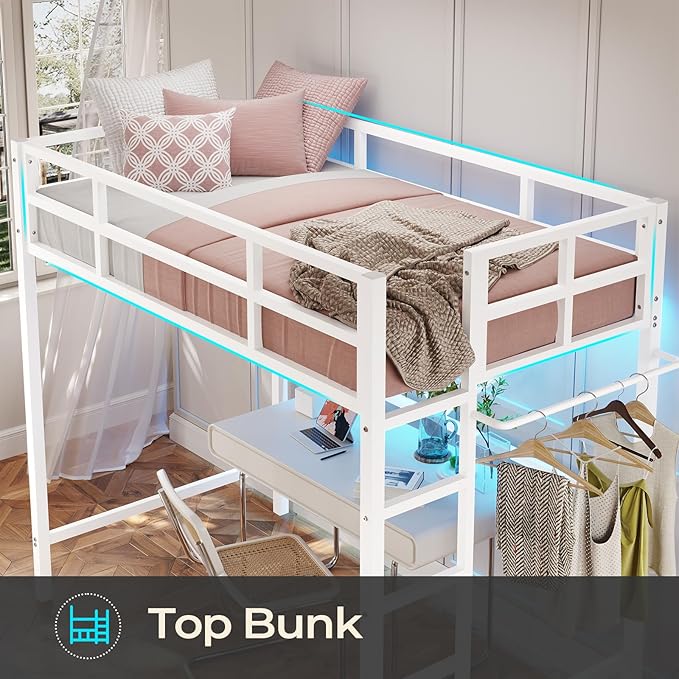 DICTAC Loft Bed Twin Size with Ladder and Guardrail,Metal Twin Loft Bed for Kid/Teen with Led Lights,Small Space Saving Furniture Design for Bedroom,Kid Room and Dorm,No Box Spring Needed, White