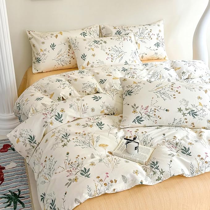 Cotton Duvet Cover King Botanical Bedding Set Yellow Floral Duvet Cover Set King Cottagecore Coquette Comforter Cover with Zipper,Garden Style Green Branches Bedding Duvet Cover Chic King 3 Piece