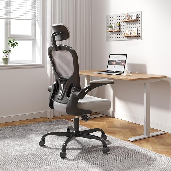 Office Chair Ergonomic Desk Chair, 330LBS Capacity, High Back Computer Chair for Long Hours Comfortable, Rolling Swivel Executive Task Chair for Home Office with Flip-up Armrests, Black Grey
