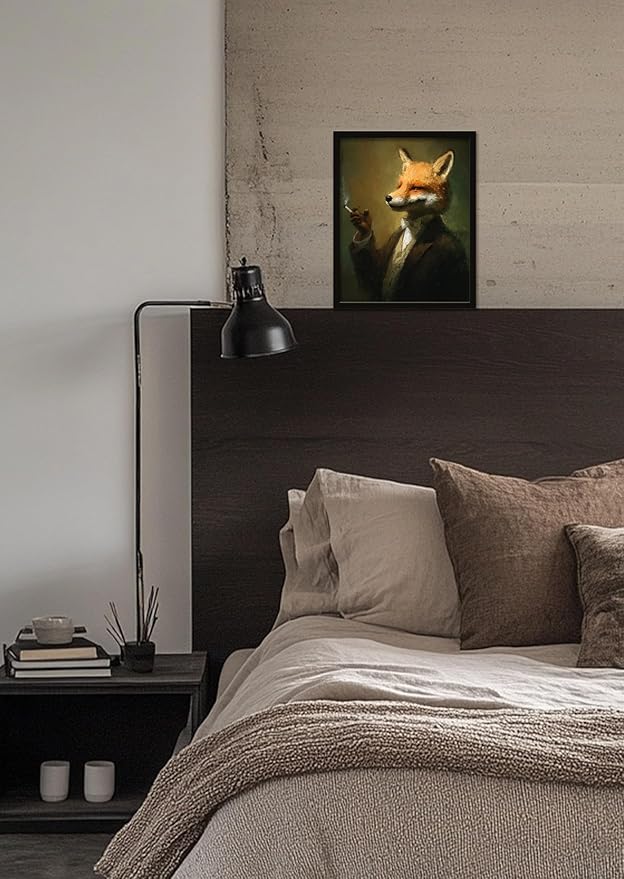Funny Elegant Animal Wall Art Print Mr. Fox In Thinking Poster Vintage Canvas Art Wall Decor Picture For Bedroom Office Bathroom Wall Decor Aesthetic Home Artwork 12" × 16" With Framed