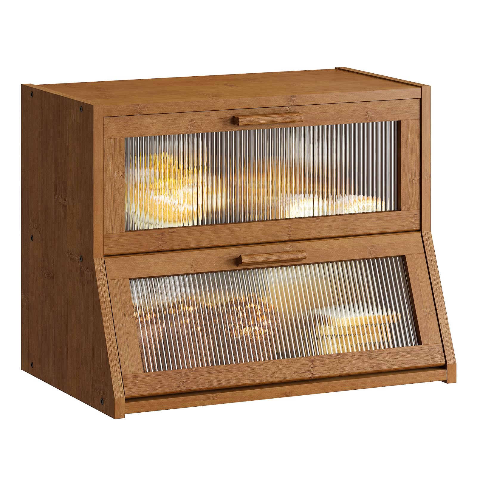 GHWIE Double Layer Bamboo Bread Box for Kitchen Counter,Large Capacity Bread Storage Bin,Bread Container with Acrylic Wavy Door Panel (Natural, Medium)