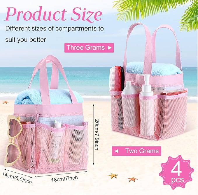 Hillban 4 Pcs Mesh Shower Caddy Portable Large Quick Dry Shower Caddy Basket with Deeper 8 Pockets and 2 Handles Hanging Bag for College Dorm Room(Pink)